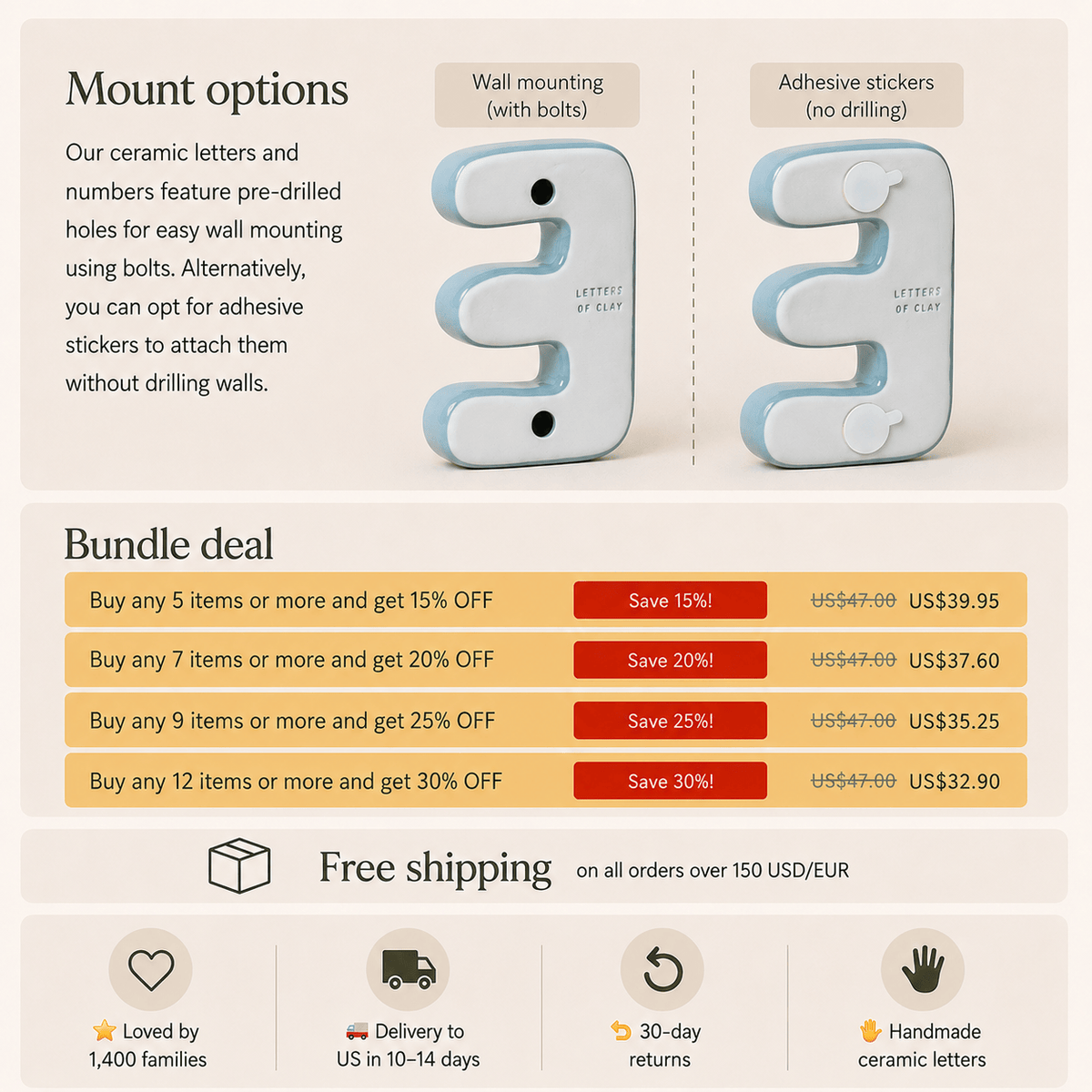 Ceramic letters with mounting options and bundle deal information on a beige background