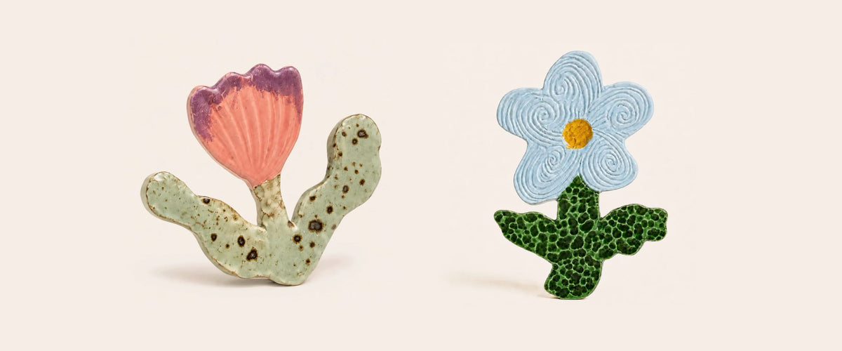 Handcrafted ceramic wall flowers – red tulip and blue flower