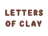 Text 'Letters of Clay' in brown ceramic letters 